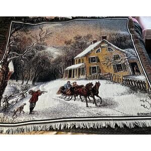 Crown Crafts Christmas‎ Blanket Throw Cotton Sleigh Country Made in USA.